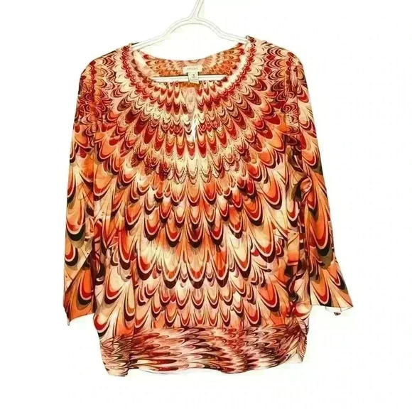 Chicos 3 top v neck 3/4 raglan sleeves rhinestones artsy Made in USA orange - Picture 1 of 6